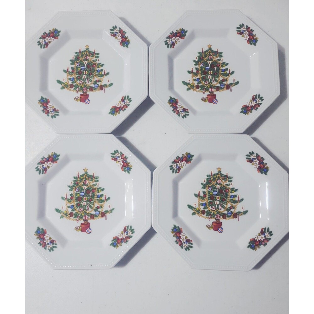 SET OF 4 Fairfield Salad Plates Peace on Earth Christmas Tree Octagon Shape 7.5"
